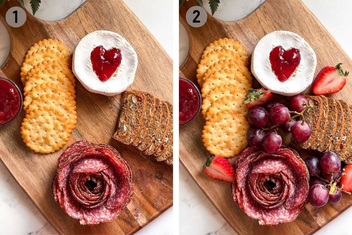 building a charcuterie board with brie, salami, and crackers.