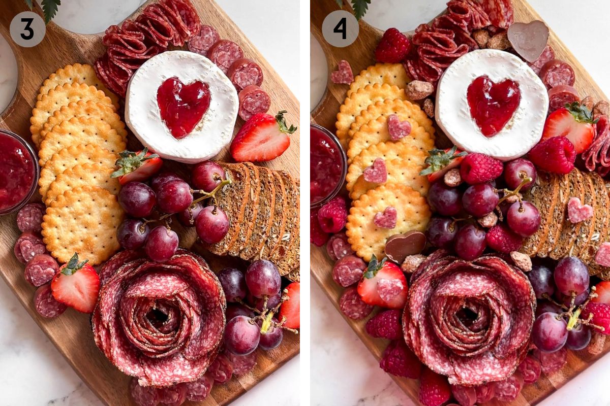 adding fruits and nuts to the valentines charcuterie board.