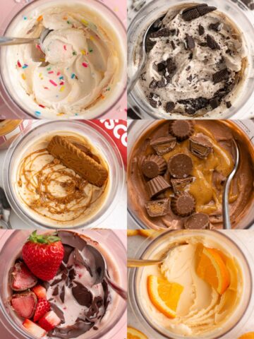 collage of 6 ninja creami recipe tubs.