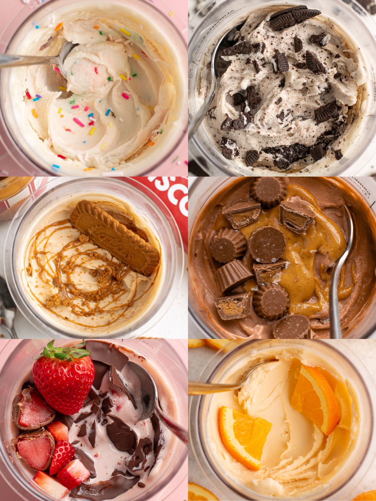 collage of 6 ninja creami recipe tubs.